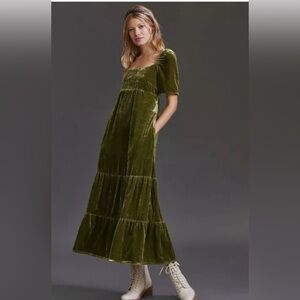 NWT $180 Anthropologie Velvet Empire Waist Midi Dress 00 Green Romantic Cottage